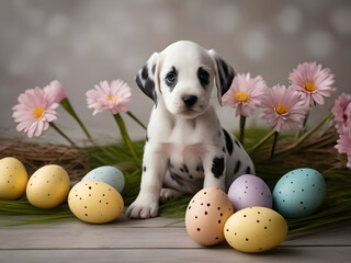 Dalmatian puppy and colorful Easter eggs.
