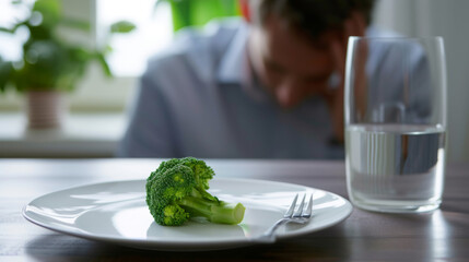 close-up of a single broccoli floret on a white plate, with a fork beside it, a glass of water in...