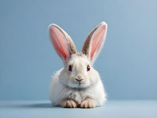 Obraz premium Portrait of a rabbit on a blue background. Easter holiday concept. 