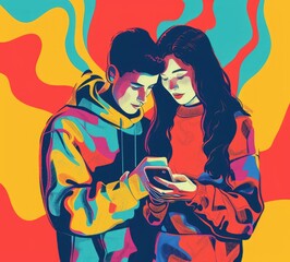 Colorful illustration of a couple of young people, students using phones