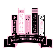 Stack of books. Romance books reading. Concept of love story, romance novel, literary genre. Study and learn symbol Love reading logo. Isolated hand drawn vector illustration