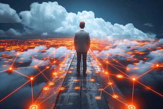 A businessman stands tall on a platform, overlooking a futuristic network, illustrating the integration of business acumen with the ever-evolving landscape of technology.