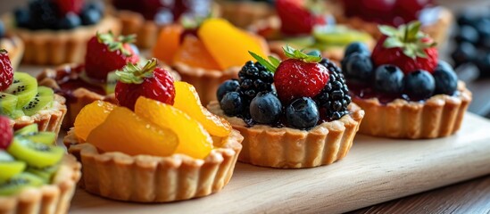 Side view of assorted dried fruit tartlets.