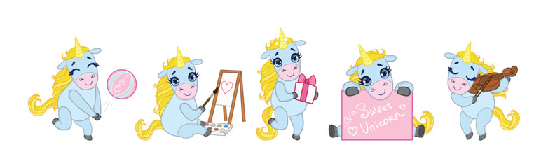 Cute Unicorn Character with Golden Mane and Twisted Horn Vector Set