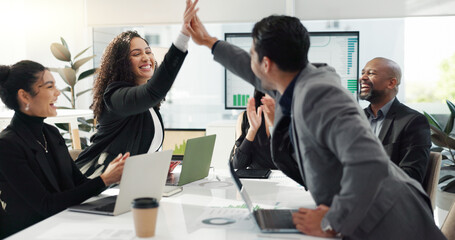 Business people, high five and meeting success, celebration and achievement of sales news, target...