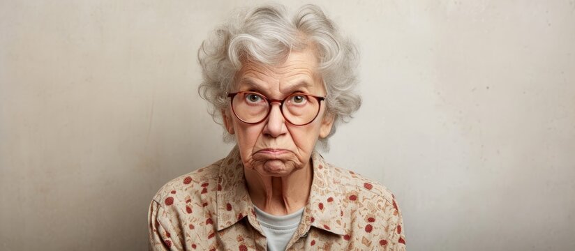 A frowning and upset older woman, wearing casual clothes and glasses, appears skeptical, nervous, and negative due to a problem.