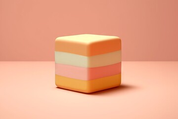 Obraz premium Minimalistic dessert layer cake with a piece of mango and peach on top on a pastel background with geometric shapes and peach fuzz decor color. Concept: advertising of confectionery products 