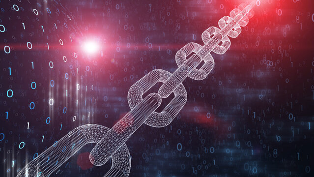 Digital cryptocurrency chain on computer cyberspace illustration background.