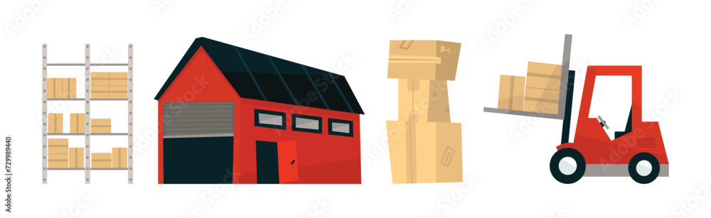 Poster warehouse and logistic service with forklift and cardboard box vector set