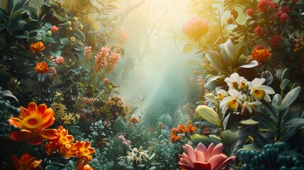 Fototapeta na wymiar A serene depiction of a lush, fantastical garden filled with vibrant medicinal plants 