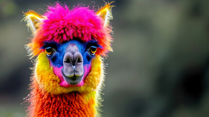 Colored alpaca. Painted animals with colored in their hair and black background. art paints Multi colored colorful on skin body and scales paint. Cute animals concept