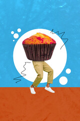 Creative abstract picture collage of headless dieting person instead sweet cake muffin in cafe...