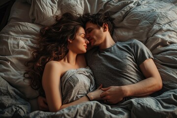 Fototapeta na wymiar Embraced Love: A passionate couple celebrates their love while sleeping, embraced in each other's arms, with an emphasis on the passion and desire that binds them together. 