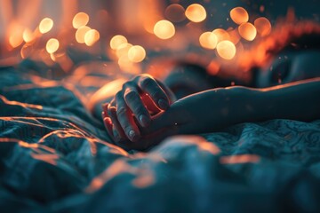 Embrace of Love: In the spotlight are hands held tightly, as a couple in love celebrates their connection while sleeping embraced, highlighting the passion and desire that define their intimate moment - obrazy, fototapety, plakaty