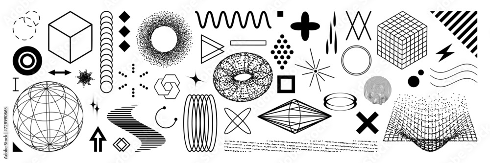 Poster set of graphic geometric assets with a bitmap elements. vector modern shapes in y2k aesthetic. isola