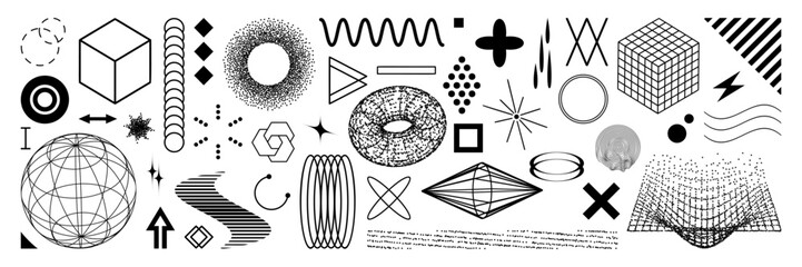 Set of graphic geometric assets with a bitmap elements. Vector modern shapes in Y2k aesthetic. Isolated illustration for stickers, poster, collage, design template.