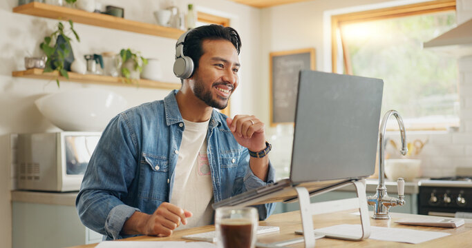 Remote work from home, talking and man with a laptop, video call or social media with online meeting. Male person, entrepreneur or employee with a pc, conversation or webinar with internet connection