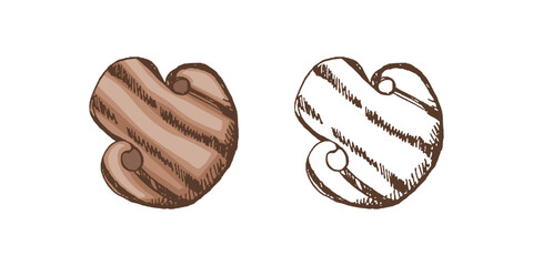 Organic food. Hand-drawn colored and monochrome vector sketch of grilled champignon. Doodle vintage illustration. Decorations for menu of cafes. Engraved image.