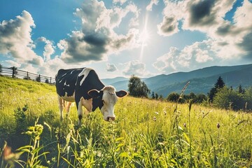 Black and white cow grazing on meadow in Carpathian mountains - obrazy, fototapety, plakaty