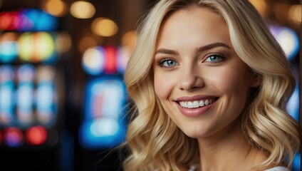 Obraz premium Attractive young white blonde woman with blue eyes and a charming smile, wearing casual attire, with a glowing casino slot machine lights backdrop.