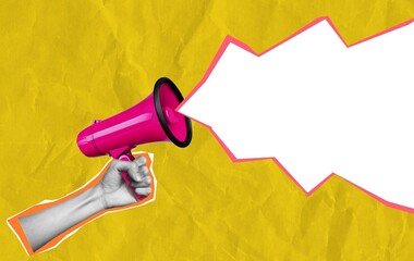 Hand holding megaphone and paper cut out space for announcing promotion. Advertising concept. Collage contemporary art isolated Halftone design. 