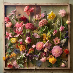 Obraz premium Flat lay spring background of freshly picked field fragrant flowers. Colorful love concept copy space from herbarium, collection of dried plant specimens on canvas. Nature is waking up.