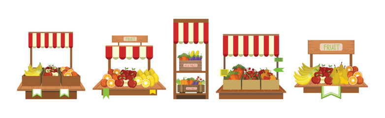 Obraz premium Market Stall with Ripe Fruit and Vegetables Crop Vector Set