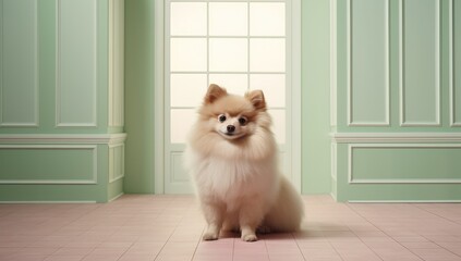 Pomeranian dog sitting in a room. 3d rendering.