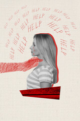 Vertical collage picture illustration black white filter cry sadness depressed young lady violence...