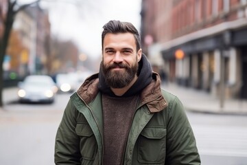 Portrait of a handsome bearded man on a city street in winter - obrazy, fototapety, plakaty
