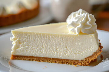 A tempting slice of cheesecake rests elegantly on a plate, adorned with fresh strawberries and a hint of cream, making it a delectable dessert choice