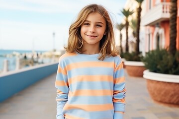 Portrait of a cute young girl on the promenade by the sea - obrazy, fototapety, plakaty