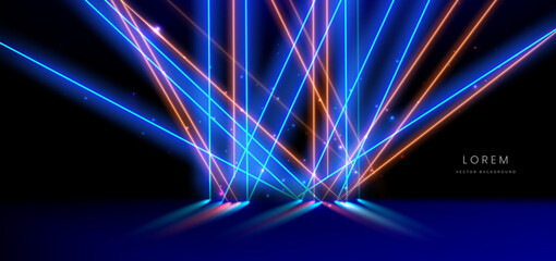 Abstract neon light effect glowing blue and orange diagonal on black background.