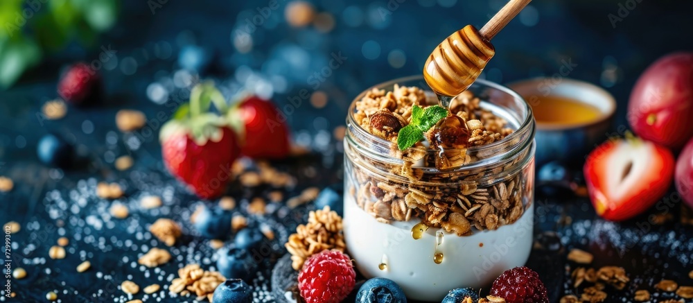 Canvas Prints Yogurt and oat granola with fruits in a jar, drizzled with honey by hand.