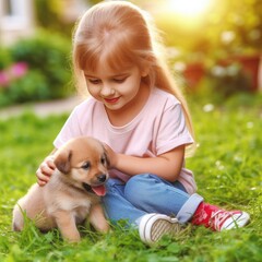 Cute girl with a puppy generative AI