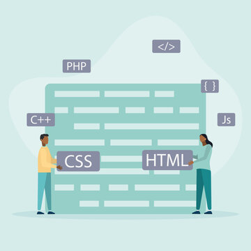 Programming and engineering development. Programmers or developers create programming language code. PHP, HTML, C++, CSS. Teamwork. Flat cartoon style. Vector illustration.
