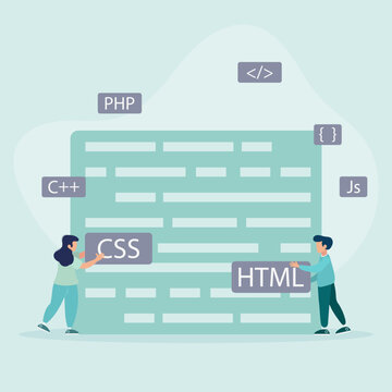 Programming and engineering development. Programmers or developers create programming language code. PHP, HTML, C++, CSS. Teamwork. Flat cartoon style. Vector illustration.

