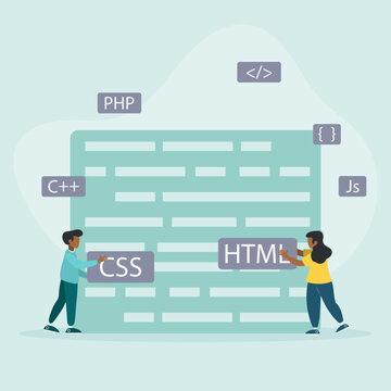 Programming and engineering development. Programmers or developers create programming language code. PHP, HTML, C++, CSS. Teamwork. Flat cartoon style. Vector illustration.
