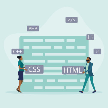 Programming and engineering development. Programmers or developers create programming language code. PHP, HTML, C++, CSS. Teamwork. Flat cartoon style. Vector illustration.
