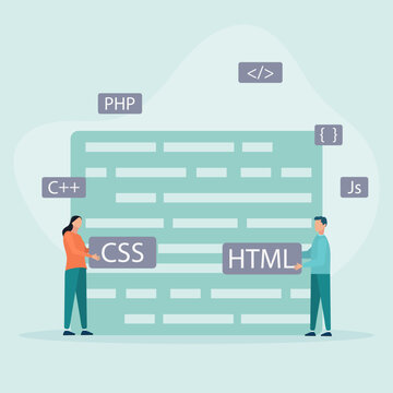 Programming and engineering development. Programmers or developers create programming language code. PHP, HTML, C++, CSS. Teamwork. Flat cartoon style. Vector illustration.
