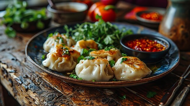 
A plate with khinkali dumplings drizzled with sauce and sprinkled with green onions.
Concept: culinary blogs, recipes in magazines, advertising of Georgian restaurants, cultural exchange through food