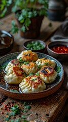 Fototapeta premium A plate with khinkali dumplings drizzled with sauce and sprinkled with green onions. Concept: culinary blogs, recipes in magazines, advertising of Georgian restaurants, cultural exchange through food