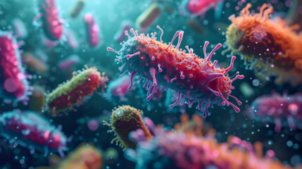 Colorful illustration of microorganisms, enhanced 3D rendering style