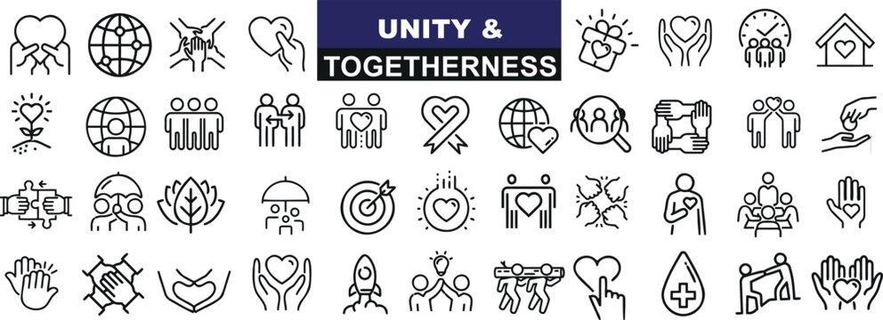 Unity, togetherness icons, global connection, teamwork, partnership. Ideal for corporate, community projects. Inclusive, multicultural symbols for universal harmony. Globe, hands, heart, people