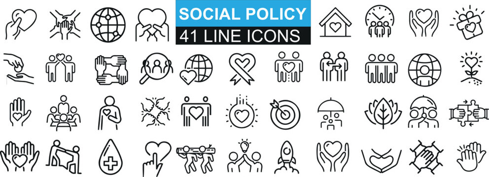Social policy, 41 line icons, vector symbols. family, healthcare, education. Ideal for web design, presentations, infographics. Minimalistic