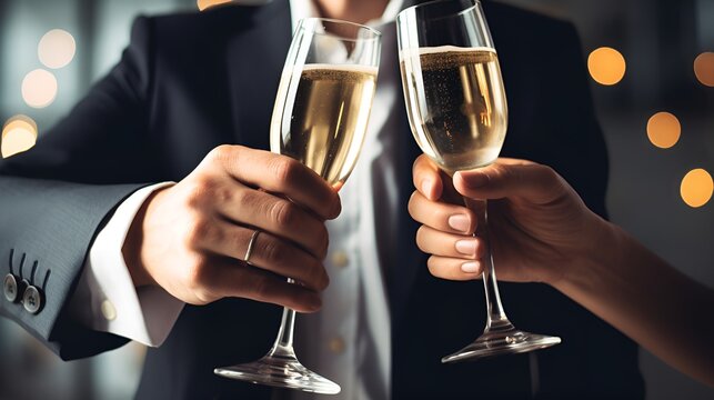 Couple toasting to achievements in a plain background setting , couple, toasting, achievements