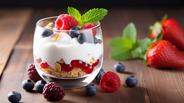 Healthy breakfast with fruits and yogurt in a wholesome setting , healthy breakfast, fruits, yogurt