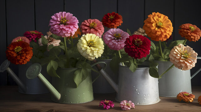 Zinnia blossoms arranged in a vintage watering can. 
