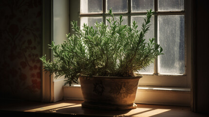 Rosemary plant in a vintage planter on a windowsill.