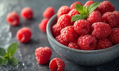 Ripe raspberries close-up on a dark background.